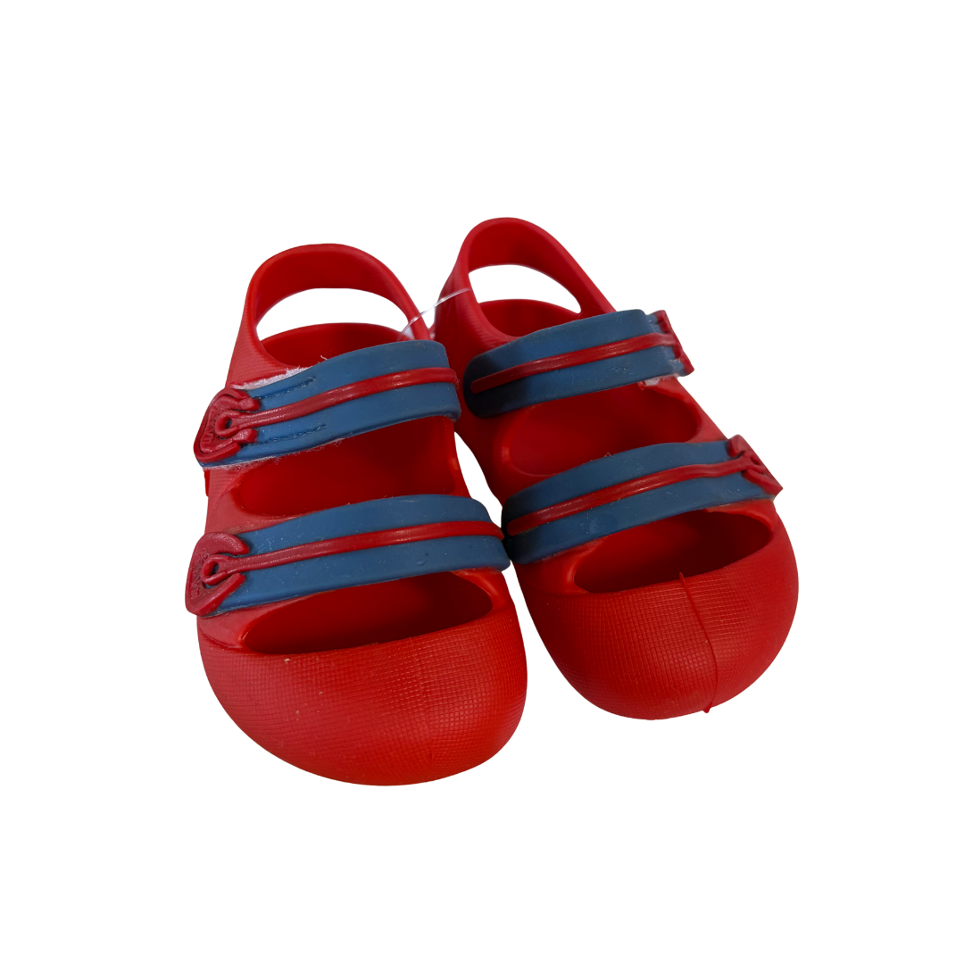 Pair of production overstock physiological fisherman sandals, red with blue straps