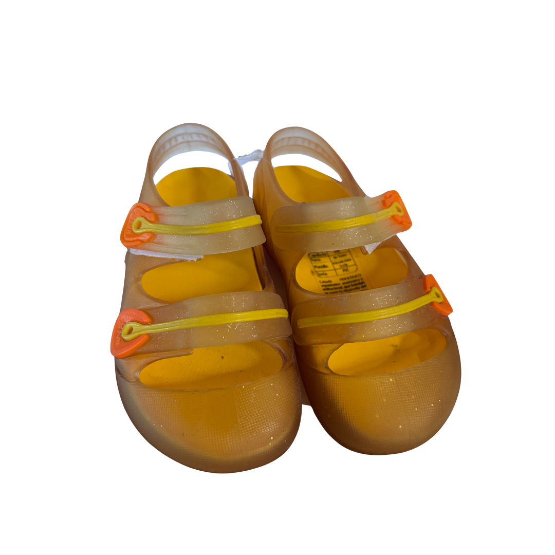 Pair of production overstock physiological fisherman sandals, clear with yellow straps