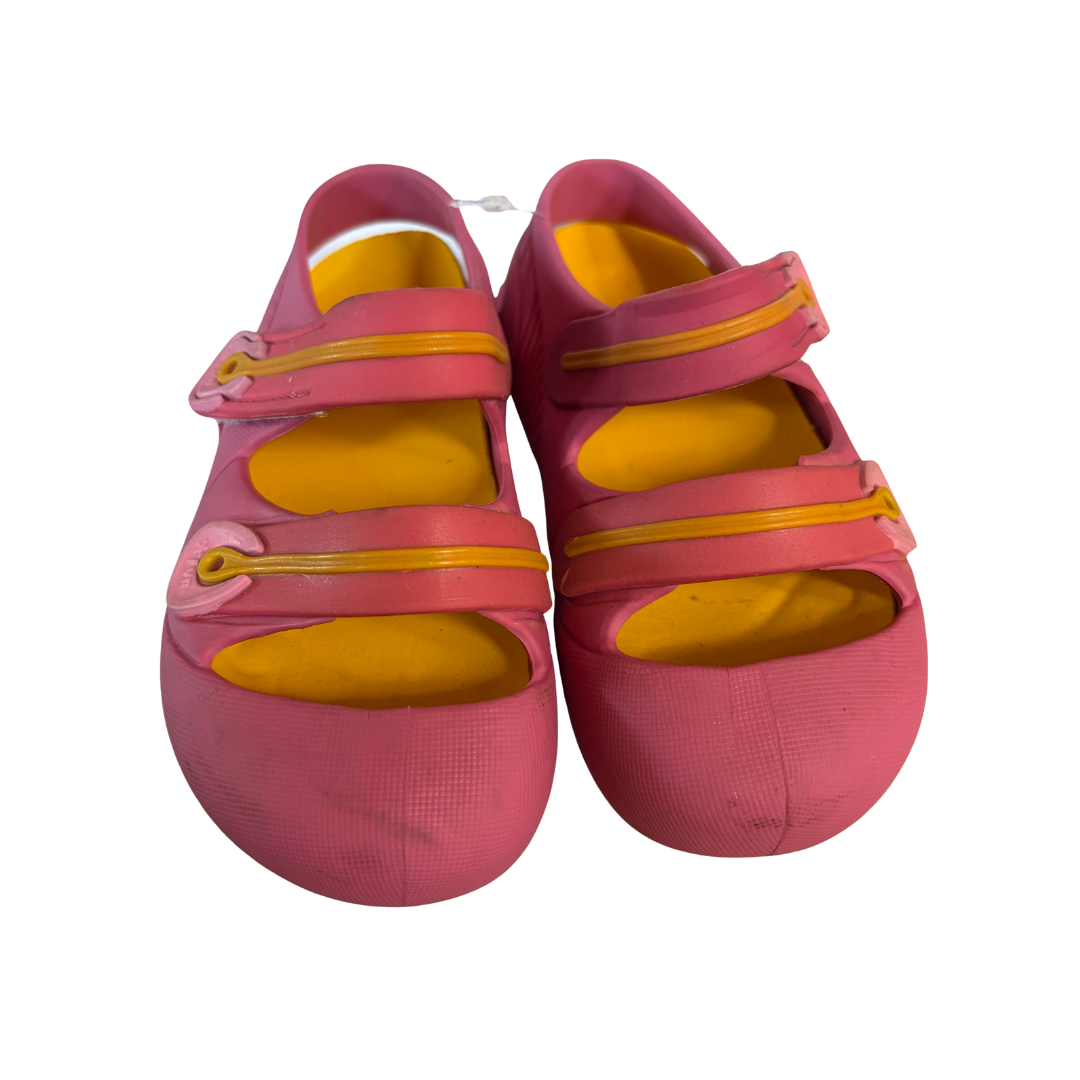 Pair of production overstock physiological fisherman sandals, pink with yellow straps and insole