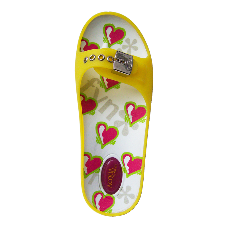 Women's yellow Aqua physiological sandal with a metal buckle and a heart-print insole, top view