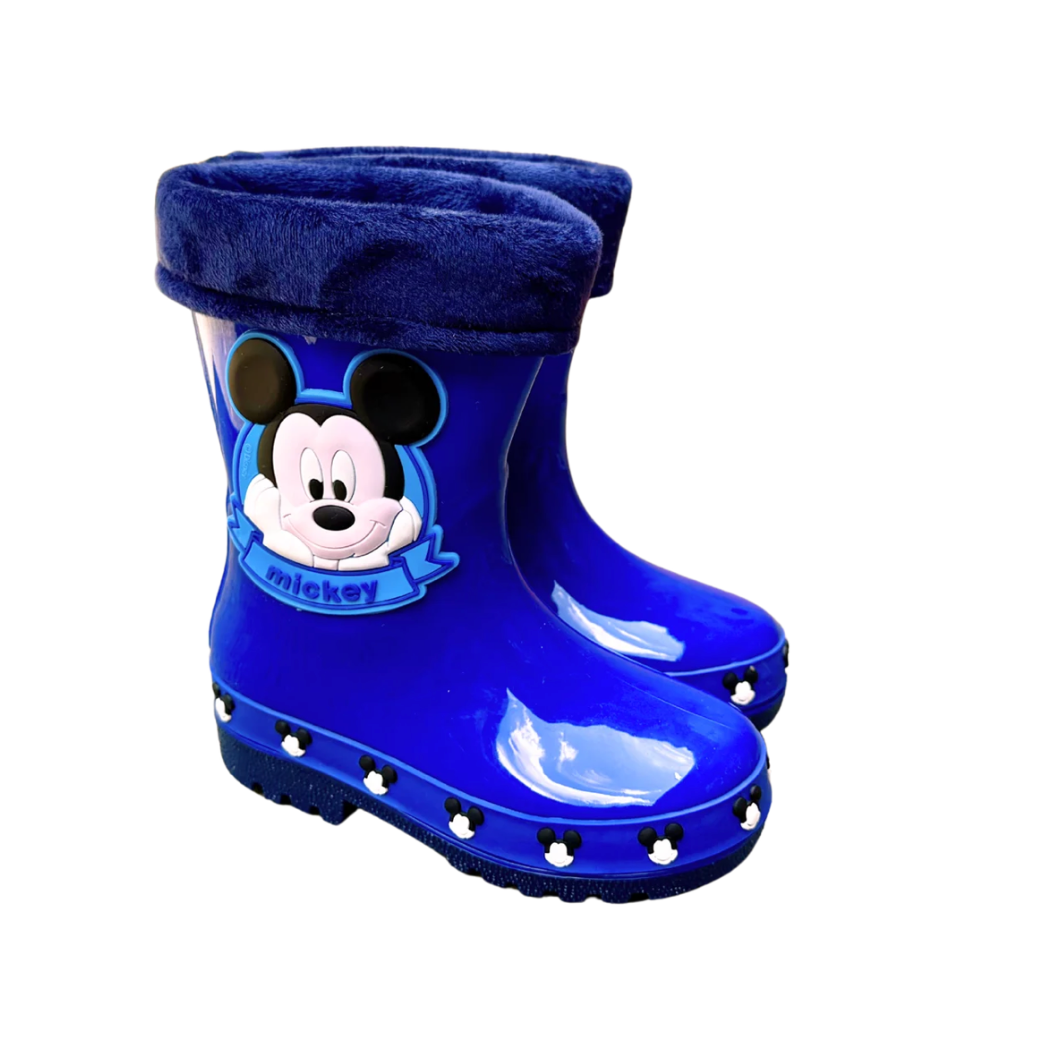 Pair of blue Mickey Face boots for boys, with Mickey's face and blue plush trim, non-slip sole, waterproof