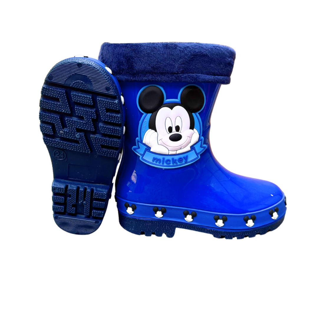 Pair of blue Mickey Face boots for boys, with Mickey's face and blue plush trim, one shown from the side and one showing the sole