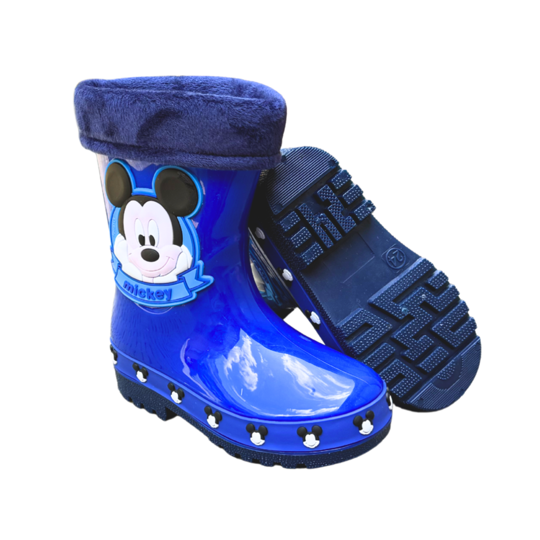Pair of blue Mickey Face boots for boys, with Mickey's face and blue plush trim, one shown from the side and one showing the sole