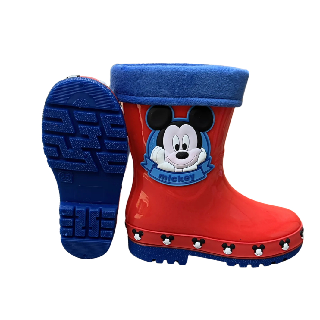 Pair of red Mickey Face boots for boys, with Mickey's face and blue plush trim, one shown from the side and one showing the sole