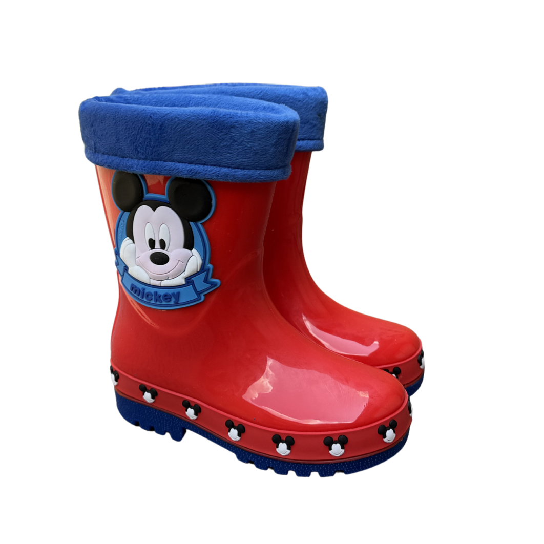 Pair of red Mickey Face boots for boys, with Mickey's face and blue plush trim, non-slip sole, waterproof