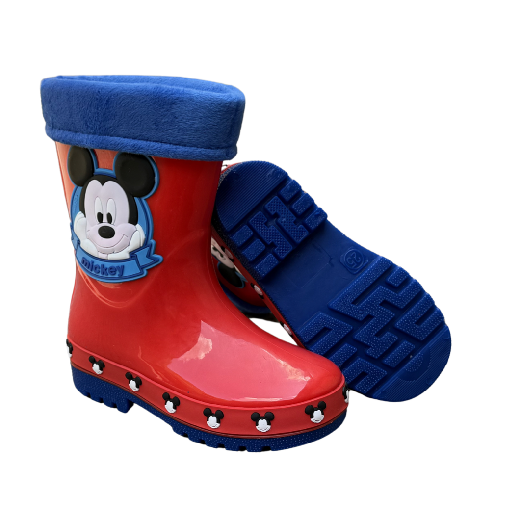 Pair of red Mickey Face boots for boys, with Mickey's face and blue plush trim, one shown from the side and one showing the sole