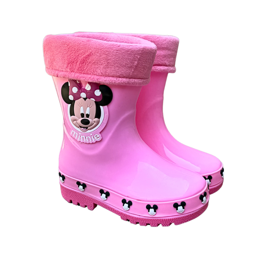 Par de botas Minnie Face rosa para niña, con la cara de Minnie y borde de peluche rosado, suela antideslizante y impermeables