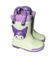 Pair of white Sanrio Kuromi rain boots for baby girls, with Kuromi and lilac pull handles, non-slip sole, waterproof