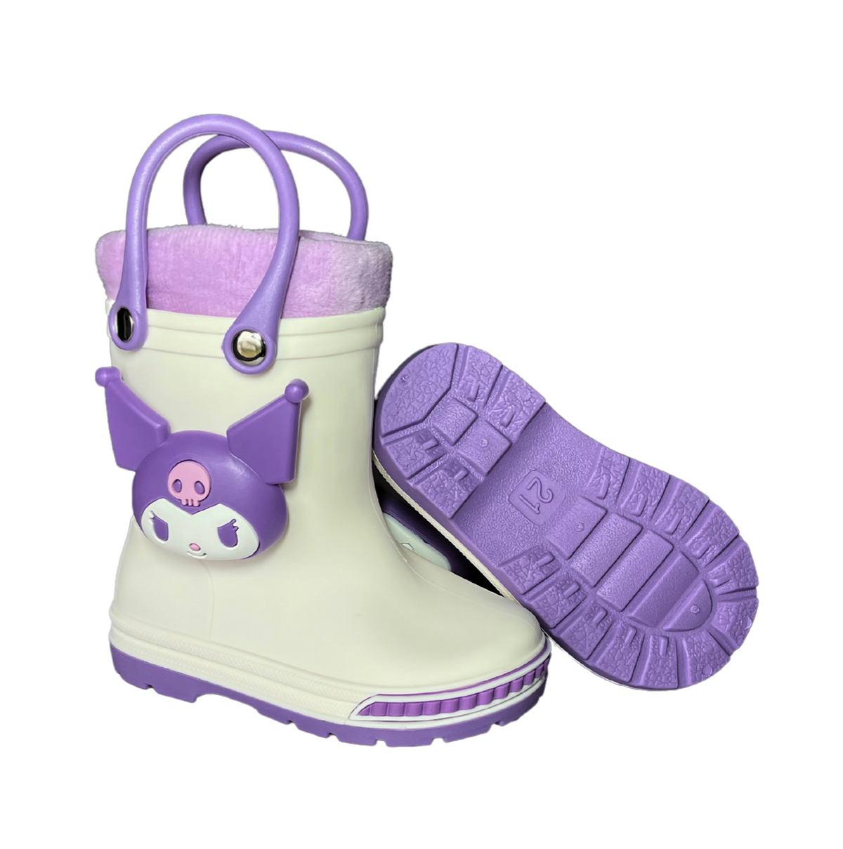 Pair of white Sanrio Kuromi rain boots for baby girls, with Kuromi and lilac pull handles, one shown from the side and one showing the sole