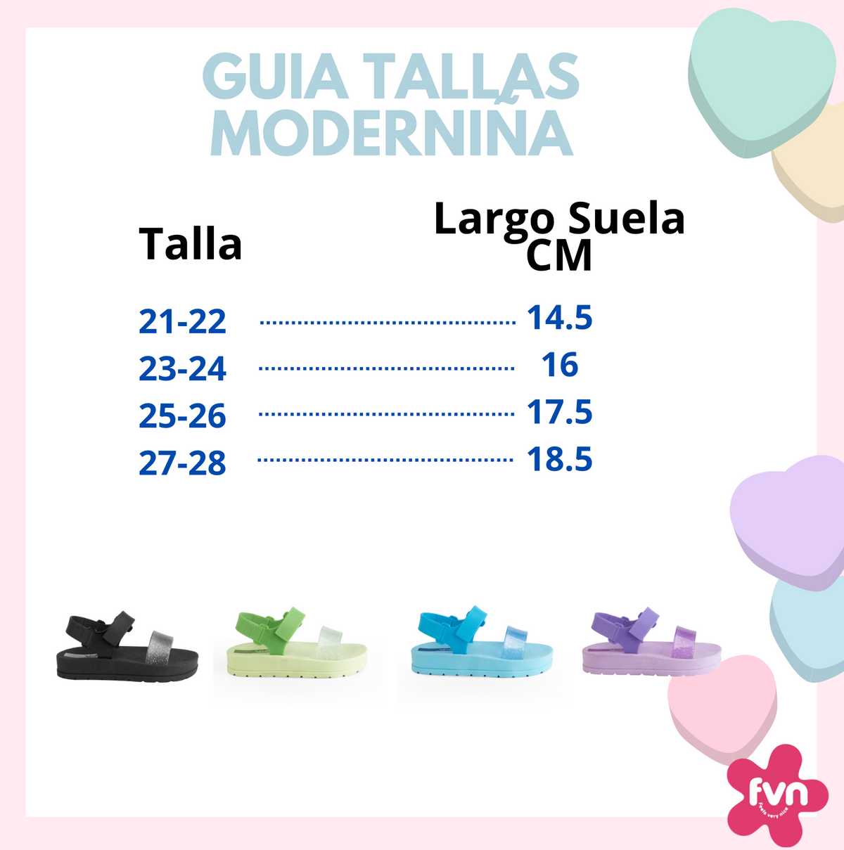 Guía de tallas de la sandalia Moderniña: tallas 21-22 a 27-28 con el largo de la suela, de 14,5 a 18,5 cm