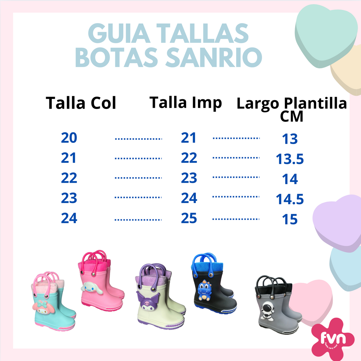 Sanrio rain boot size guide: sizes 20 to 24 with the imported size and insole length, from 13 to 15 cm