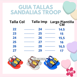 Troop sandal size guide: sizes 22 to 27 with the imported size and insole length, from 14,5 to 17 cm