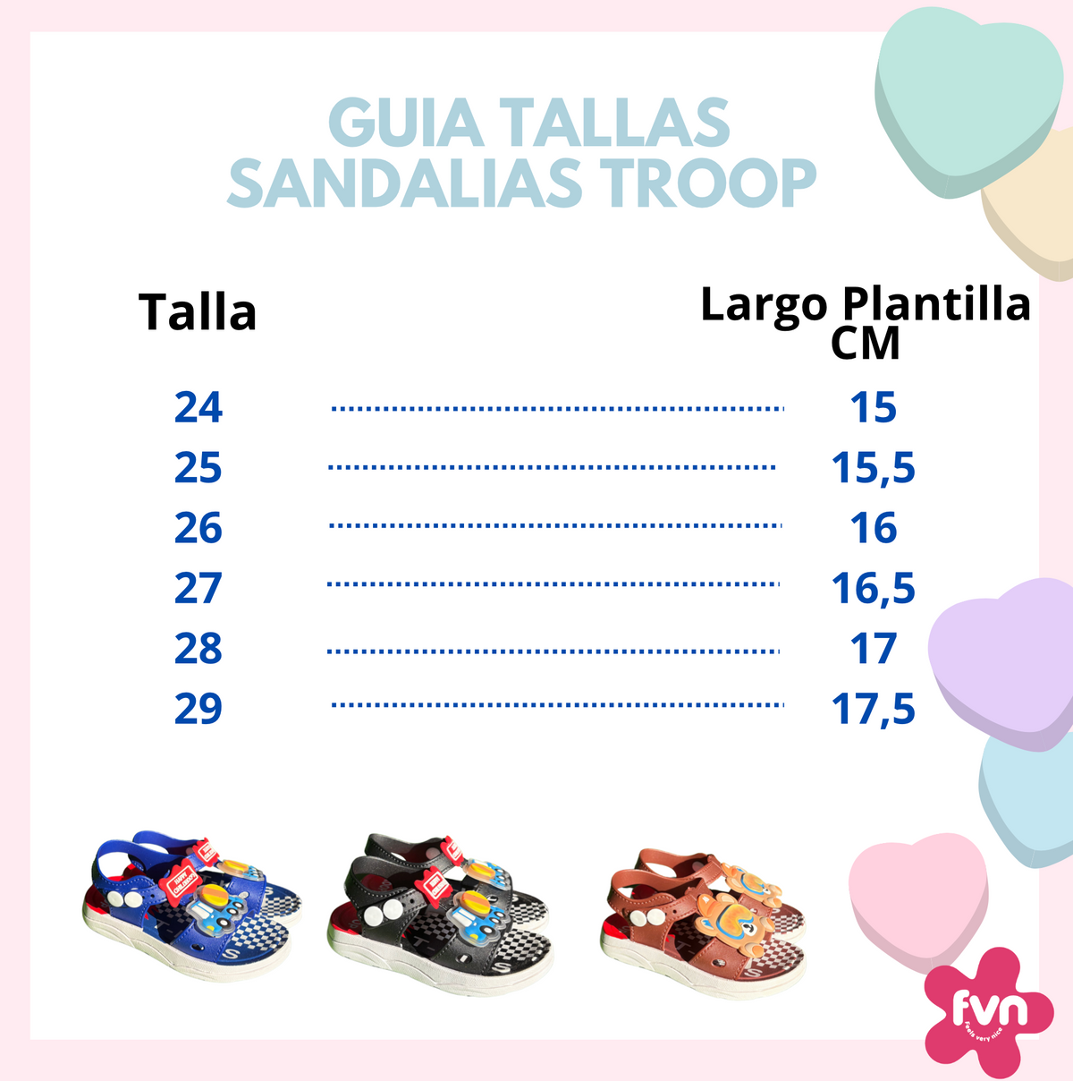Troop sandal size guide: sizes 24 to 29 with insole length, from 15 to 17,5 cm