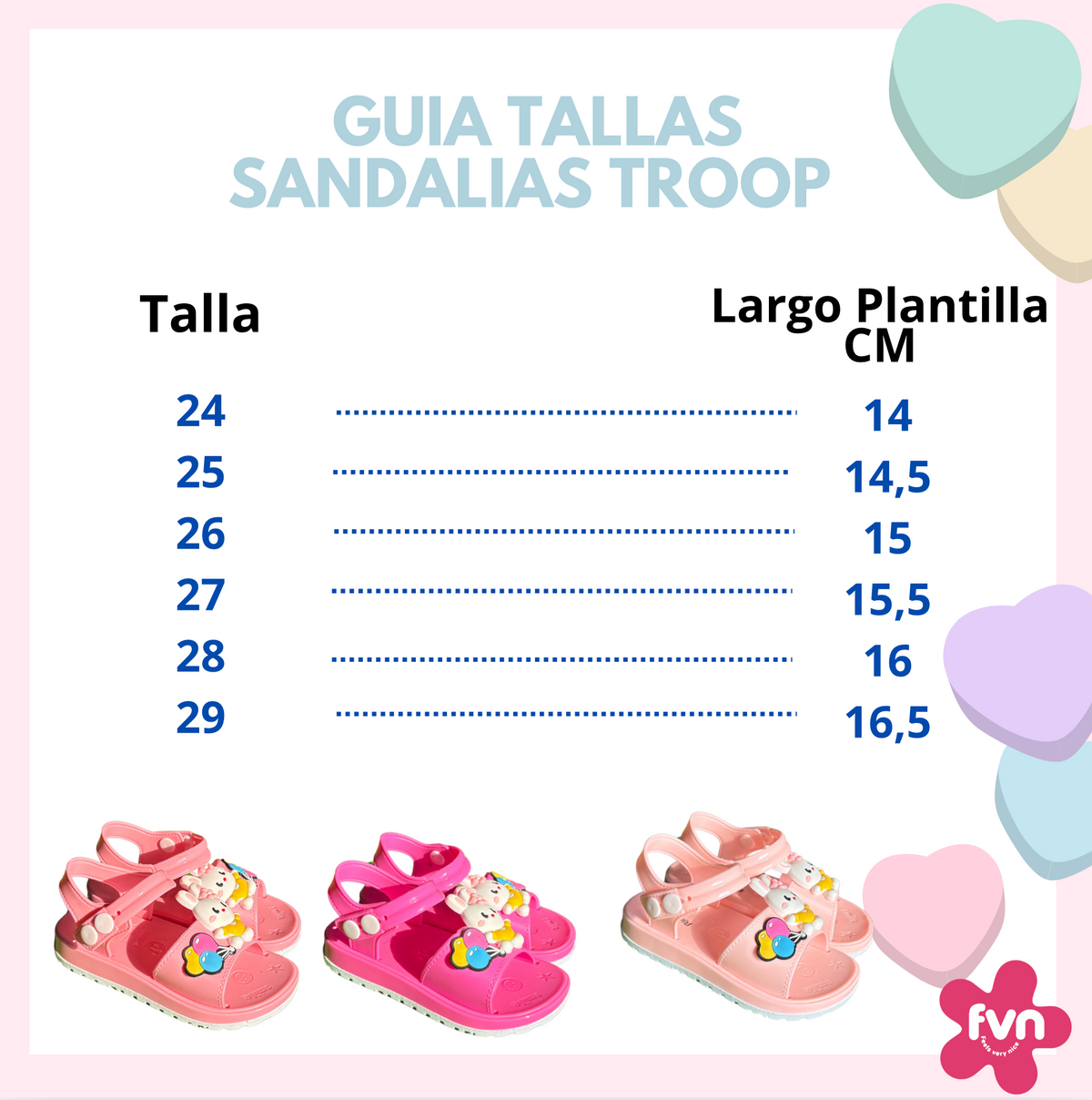 Guía de tallas de las sandalias Troop: tallas 24 a 29 con el largo de plantilla, de 14 a 16,5 cm
