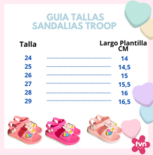 Guía de tallas de las sandalias Troop: tallas 24 a 29 con el largo de plantilla, de 14 a 16,5 cm