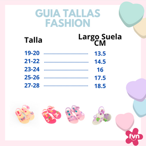 Guía de tallas de la sandalia Fashion: tallas 19-20 a 27-28 con el largo de la suela, de 13,5 a 18,5 cm