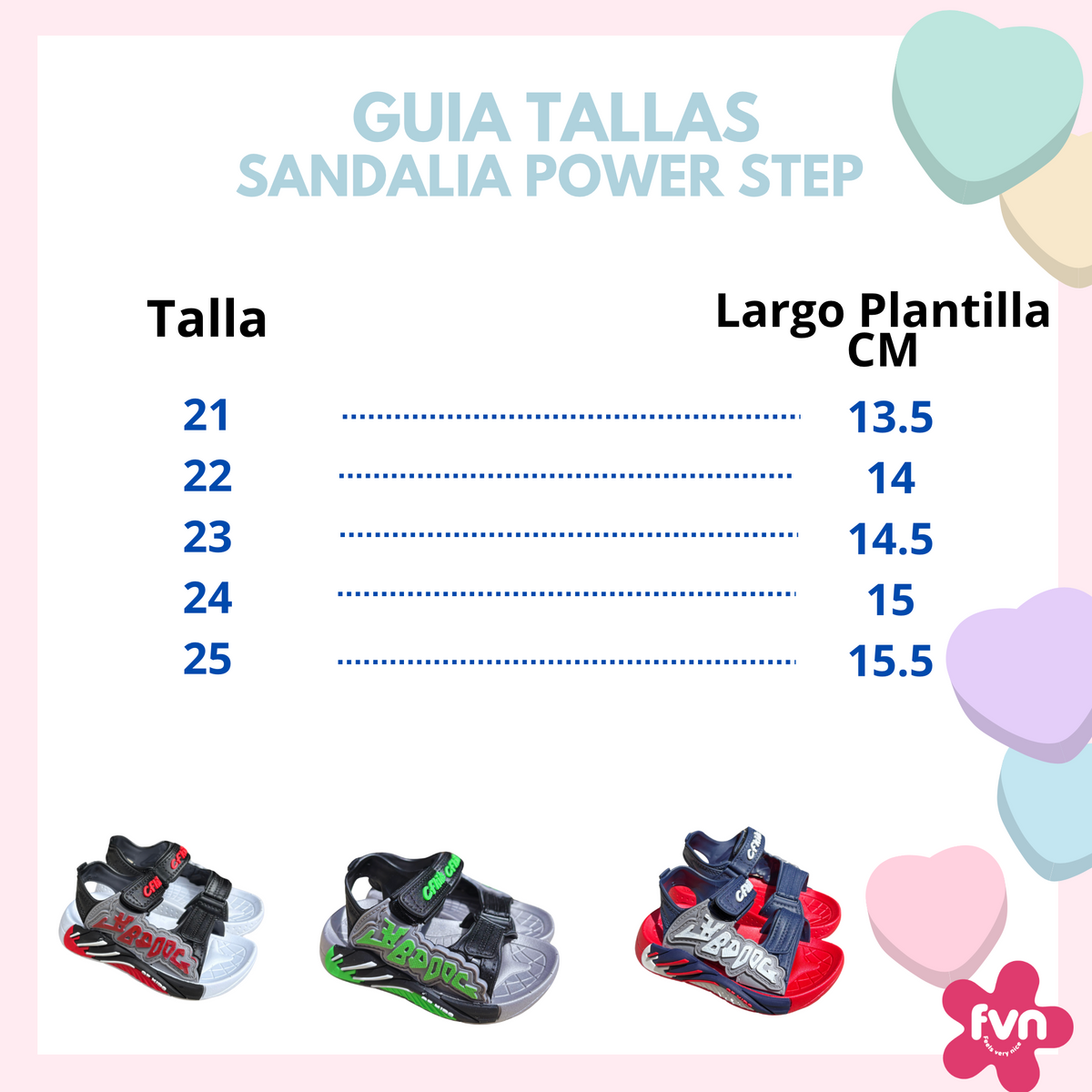 Guía de tallas de la sandalia Power Step: tallas 21 a 25 con el largo de plantilla, de 13,5 a 15,5 cm