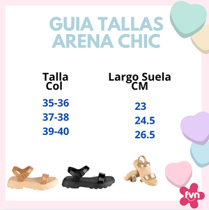 Arena Chic sandal size guide: sizes 35-36 to 39-40 with sole length, from 23 to 26,5 cm