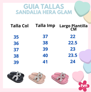 Hera Glam sandal size guide: sizes 35 to 39 with the imported size and insole length, from 22 to 24 cm