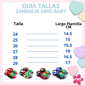 Dino Baby sandal size guide: sizes 24 to 29 with insole length, from 14,5 to 17 cm