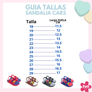 Cars sandal size guide: sizes 18 to 29 with sole length, from 11,5 to 17 cm