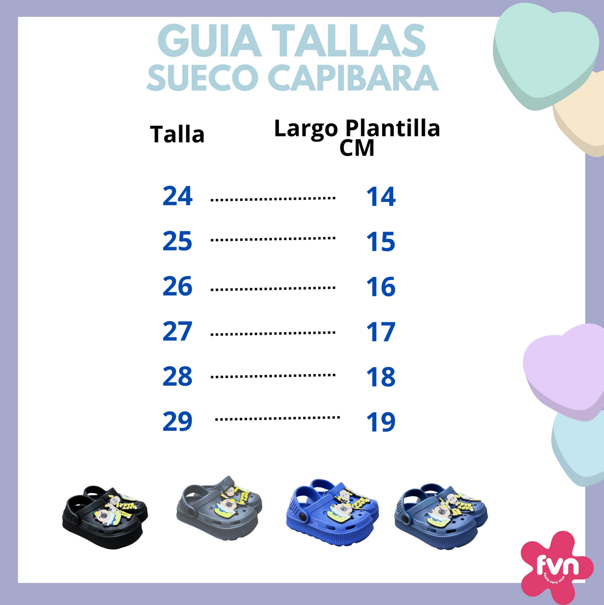 Guía de tallas del sueco Capibara: tallas 24 a 29 con el largo de plantilla, de 14 a 19 cm