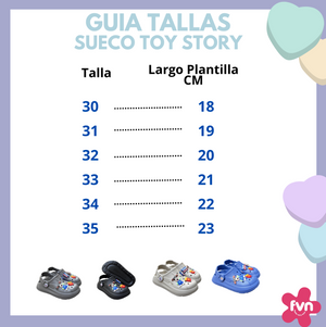 Guía de tallas del sueco Toy Story: tallas 30 a 35 con el largo de plantilla, de 18 a 23 cm