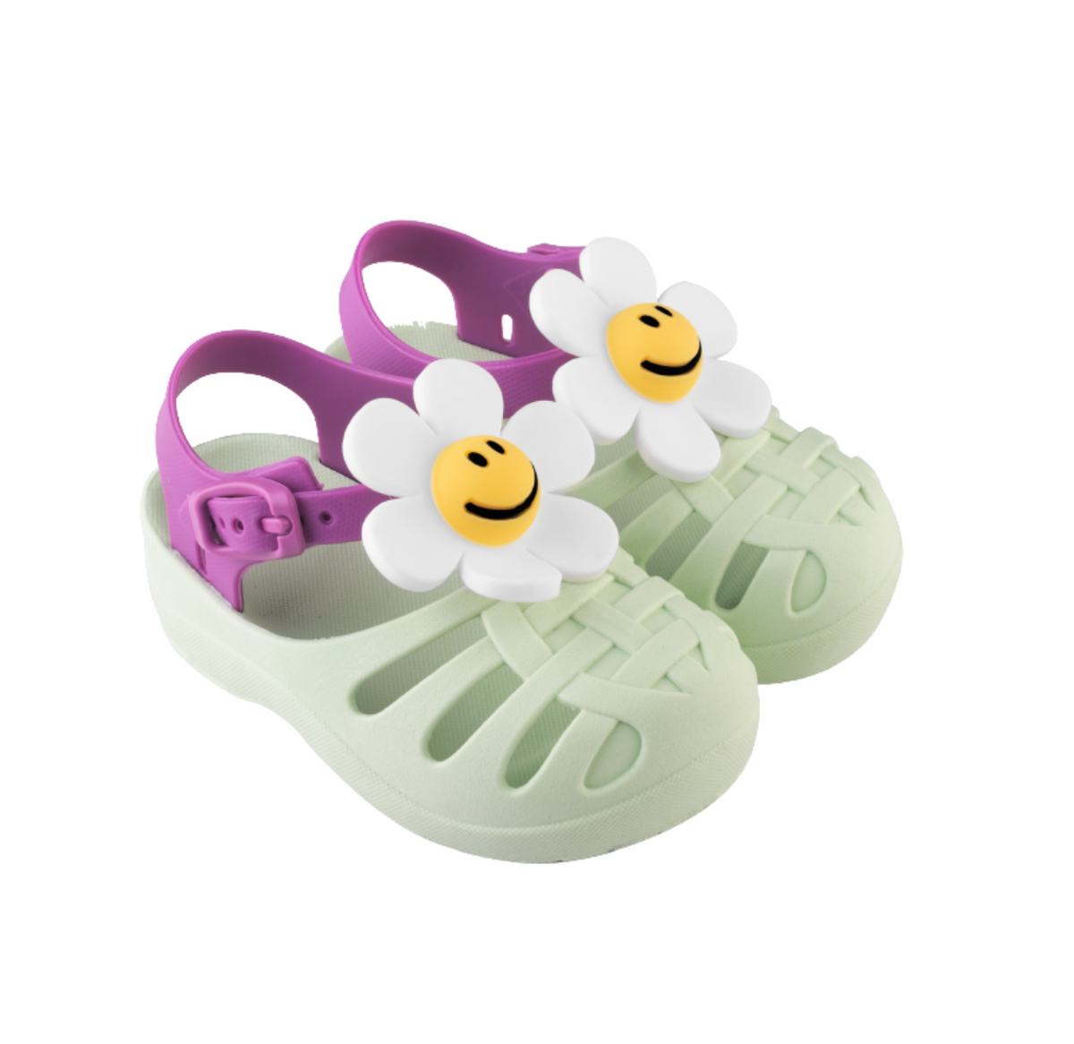 Pair of pistachio Flowers fisherman sandals for baby girls, with a smiling daisy and a lilac strap