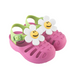 Pair of fuchsia Flowers fisherman sandals for baby girls, with a smiling daisy and a green strap