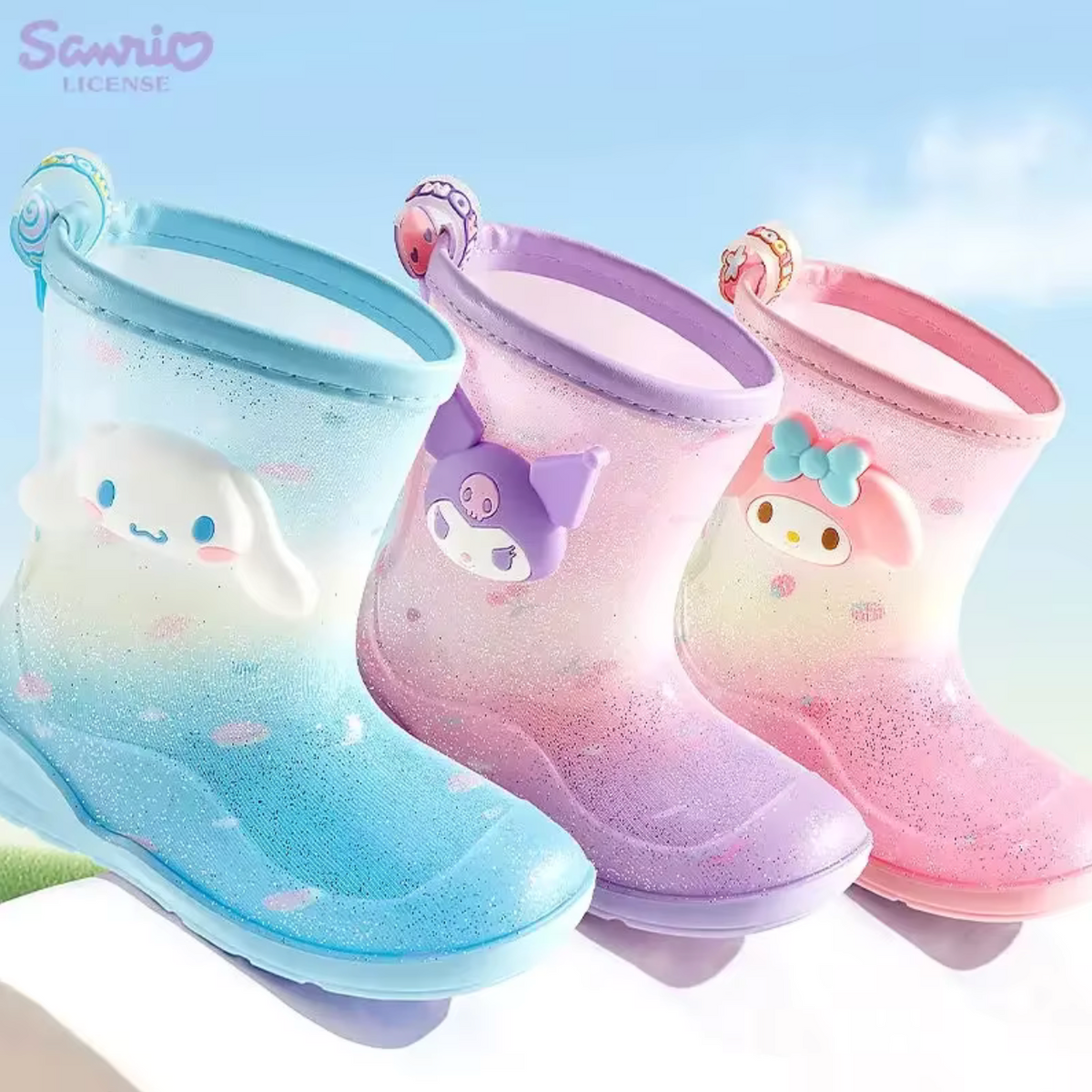 Botas de lluvia Sanrio Cinnamoroll, Kuromi y My Melody juntas, de frente