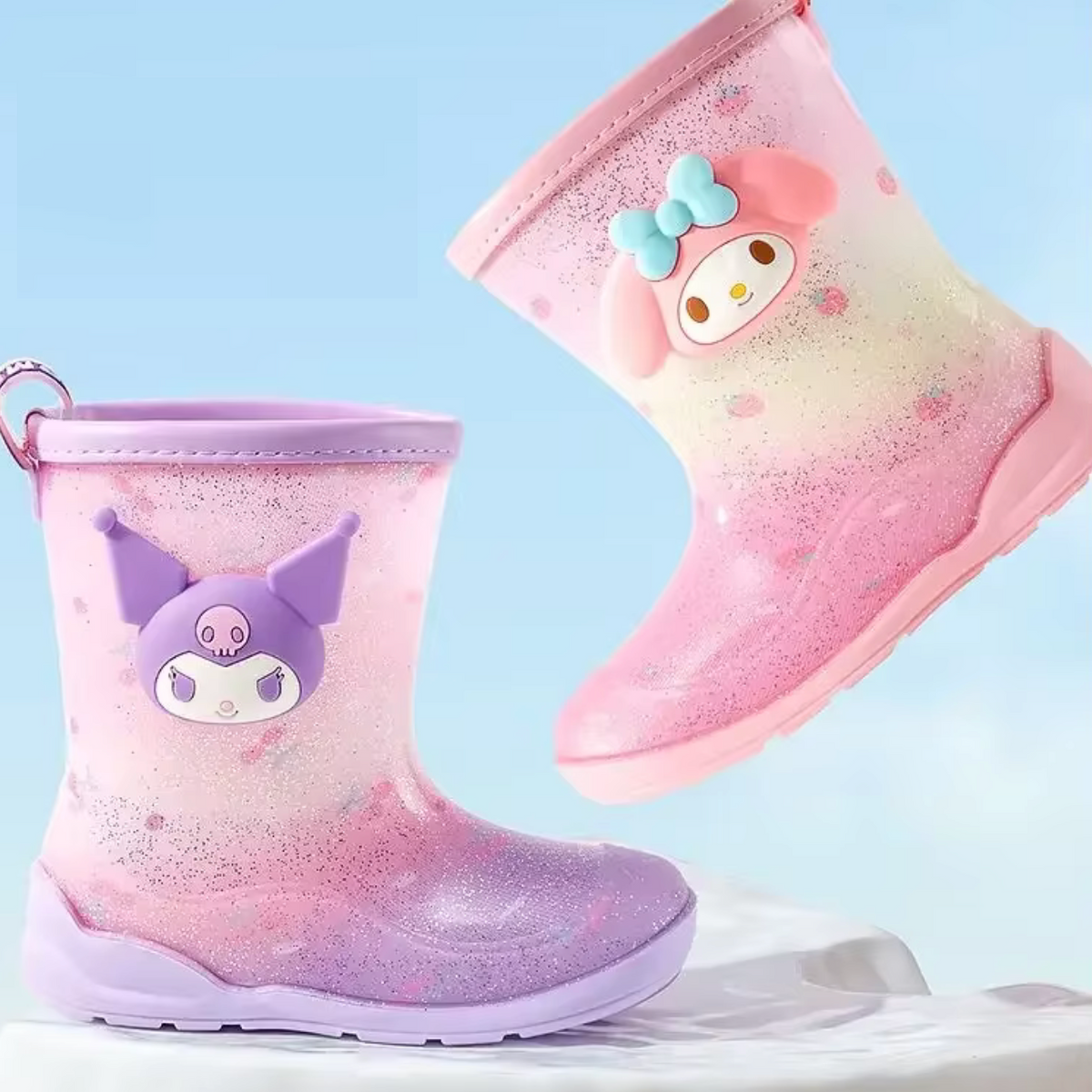 Botas de lluvia Sanrio Kuromi y My Melody, transparentes con brillo en tonos lila y rosa