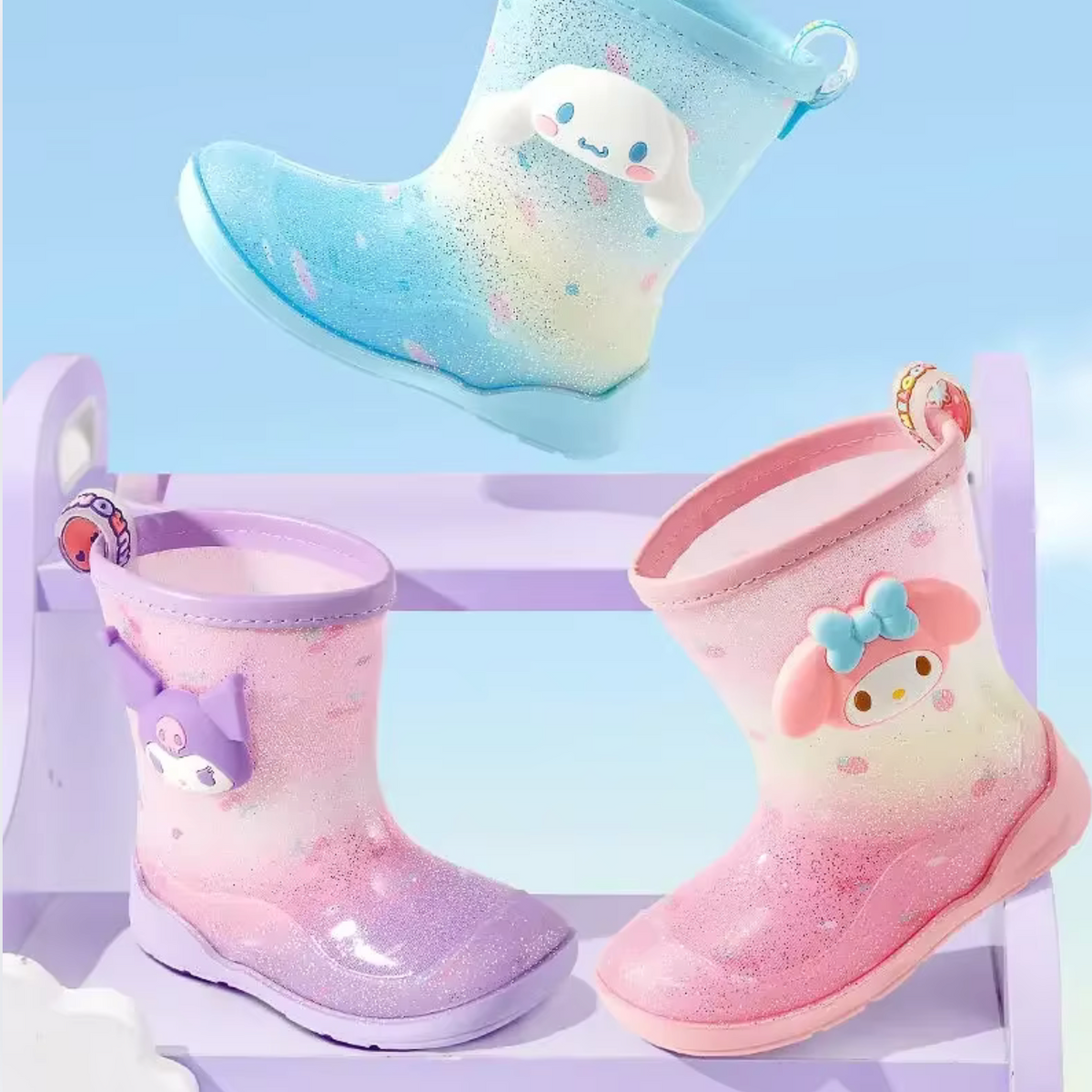 Botas de lluvia Sanrio Cinnamoroll, Kuromi y My Melody, transparentes con brillo en azul, lila y rosa