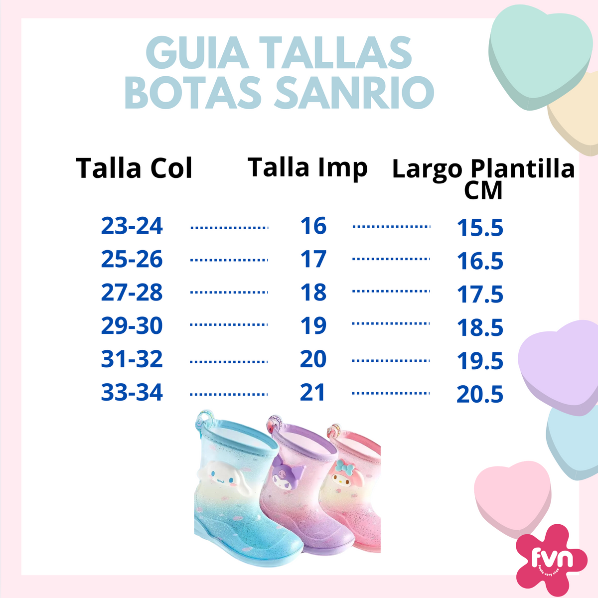 Sanrio rain boot size guide: sizes 23-24 to 33-34 with insole length, from 15,5 to 20,5 cm