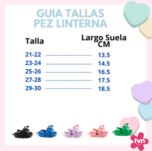 Lanternfish sandal size guide: sizes 21-22 to 29-30 with sole length, from 13,5 to 18,5 cm