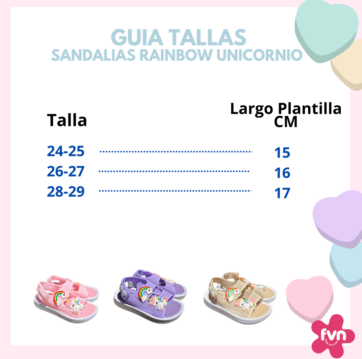 Rainbow Unicorn sandal size guide: sizes 24-25 to 28-29 with insole length, from 15 to 17 cm