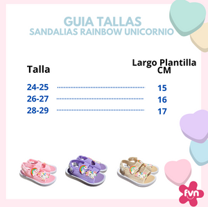 Rainbow Unicorn sandal size guide: sizes 24-25 to 28-29 with insole length, from 15 to 17 cm