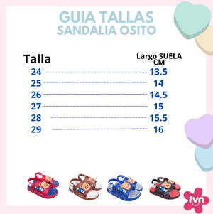 Teddy Bear sandal size guide: sizes 24 to 29 with sole length, from 13,5 to 16 cm