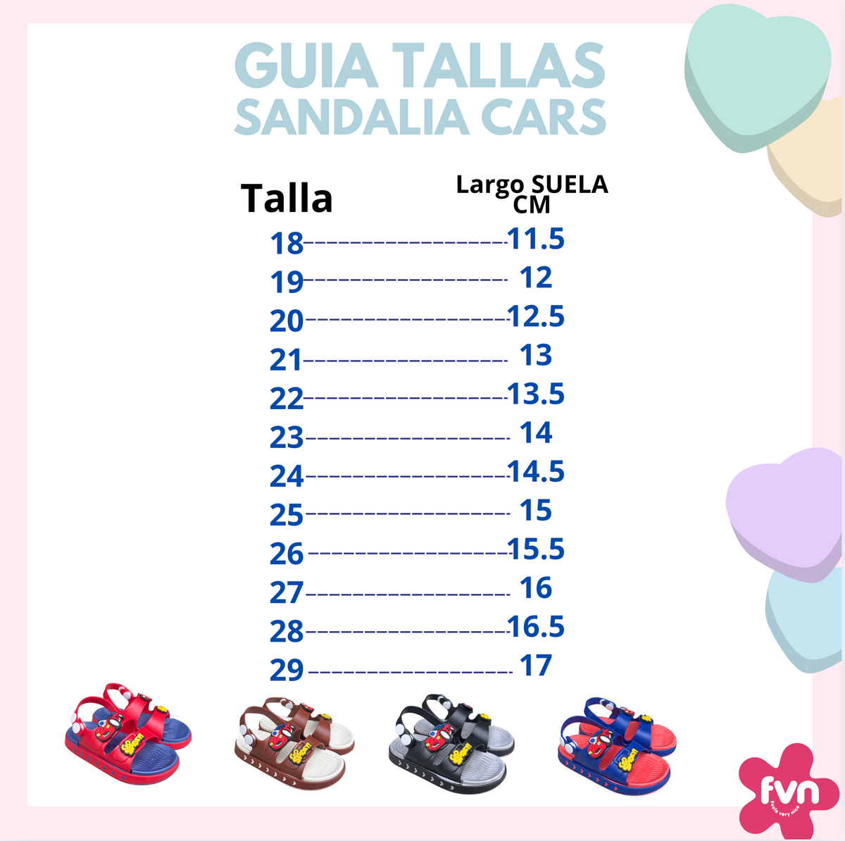 Cars sandal size guide: sizes 18 to 29 with sole length, from 11,5 to 17 cm