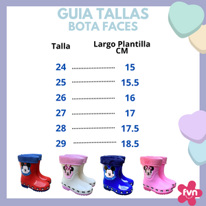 Guía de tallas de las botas Faces de Mickey y Minnie: tallas 24 a 29 con el largo de plantilla, de 15 a 18,5 cm