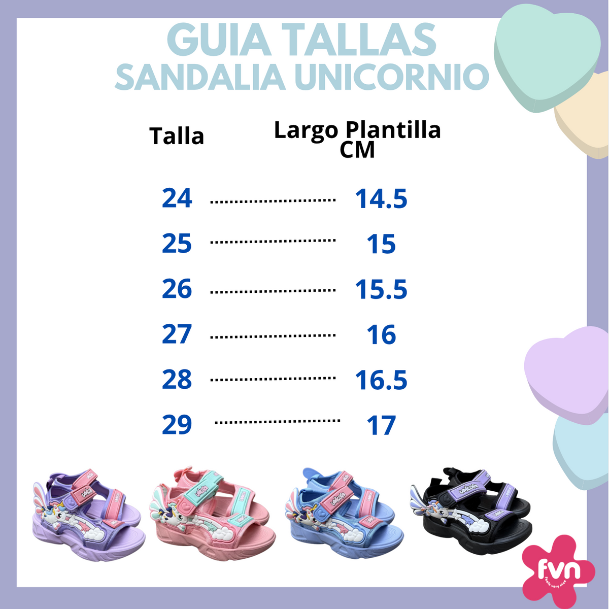 Guía de tallas de la sandalia Unicornio: tallas 24 a 29 con el largo de plantilla, de 14,5 a 17 cm
