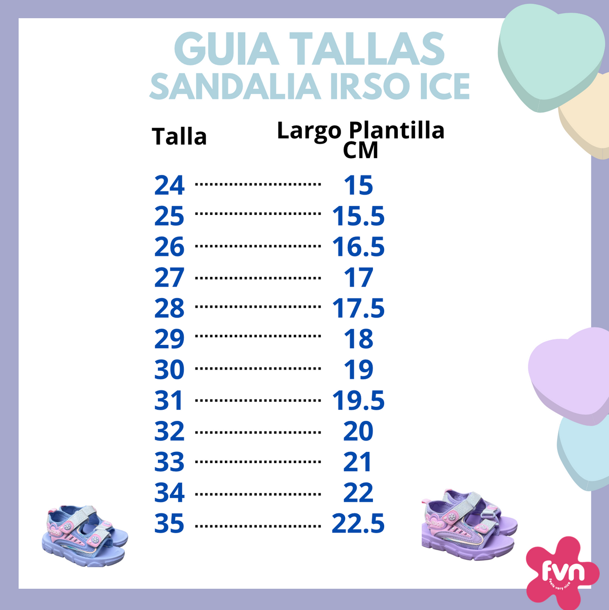 Irso Ice sandal size guide: sizes 24 to 35 with insole length, from 15 to 22,5 cm