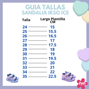 Irso Ice sandal size guide: sizes 24 to 35 with insole length, from 15 to 22,5 cm