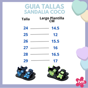 Coco sandal size guide: sizes 24 to 29 with insole length, from 14,5 to 17 cm