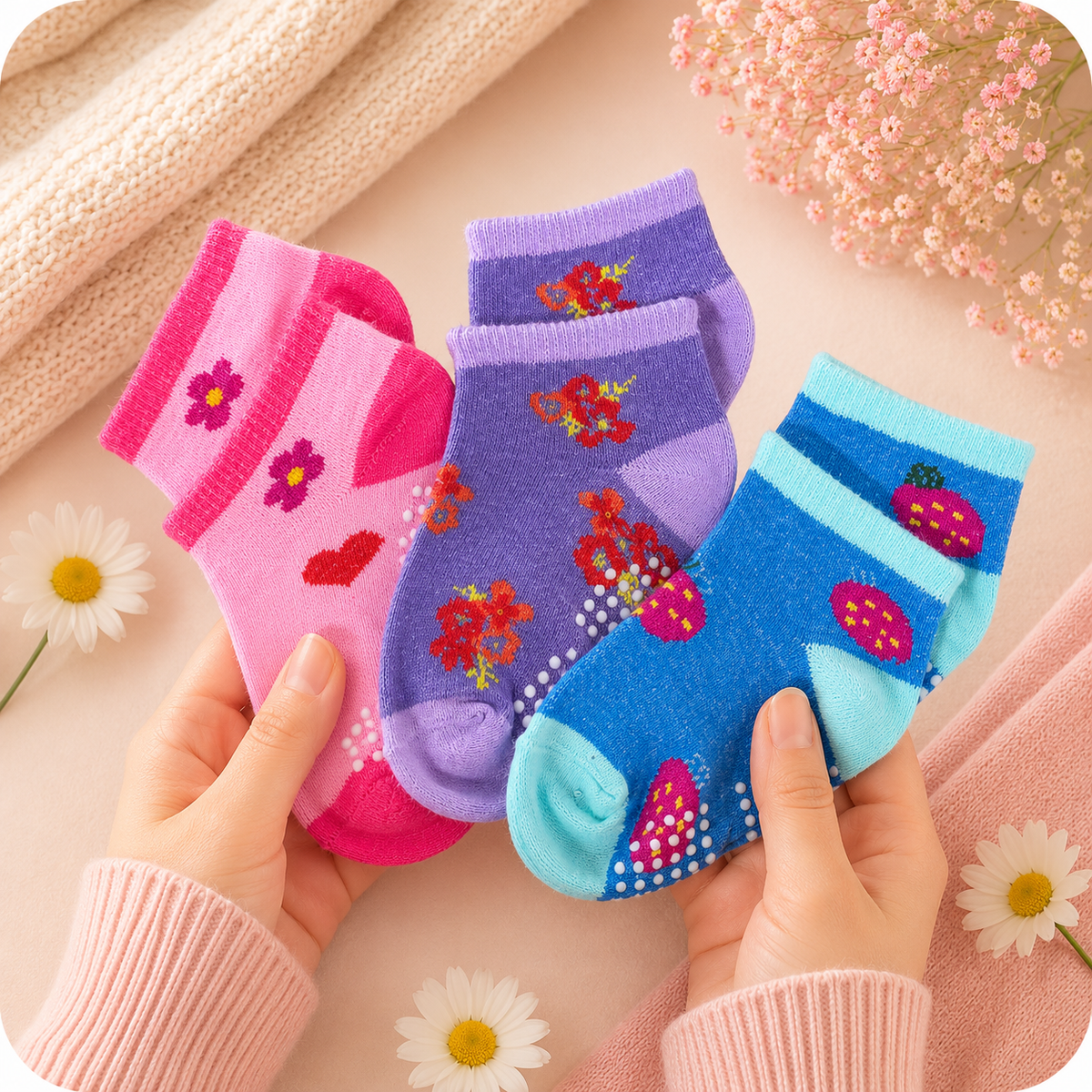 3-pack of girls' socks with flowers, hearts and strawberries, with non-slip dots on the soles