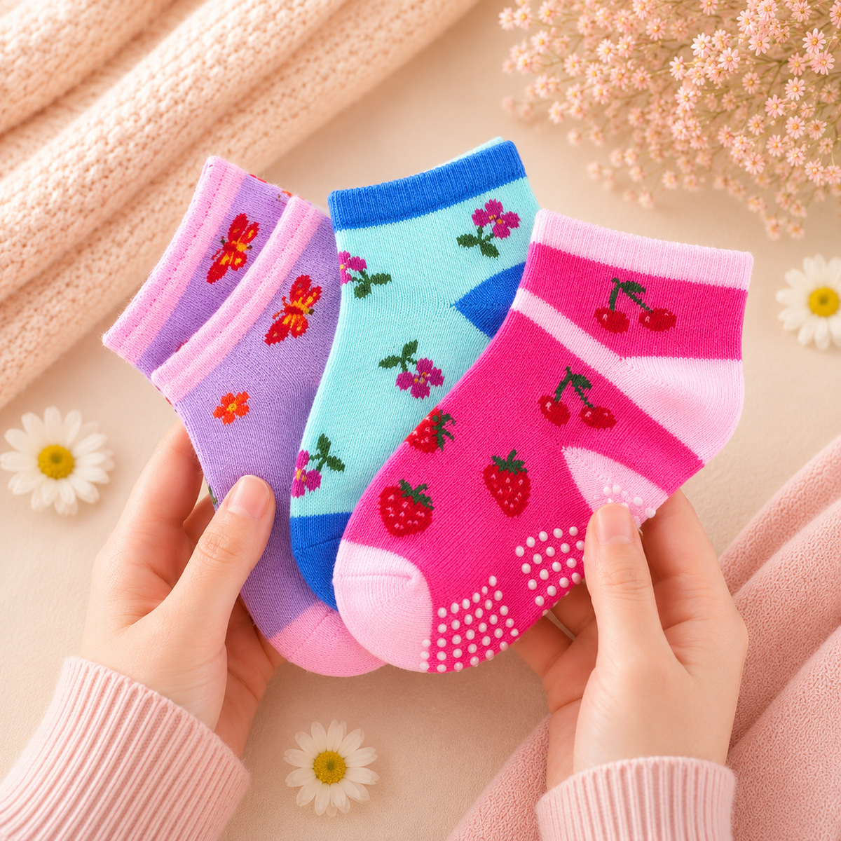 Pack of 3 girls' socks with fruits and flowers, with non-slip dots on the sole