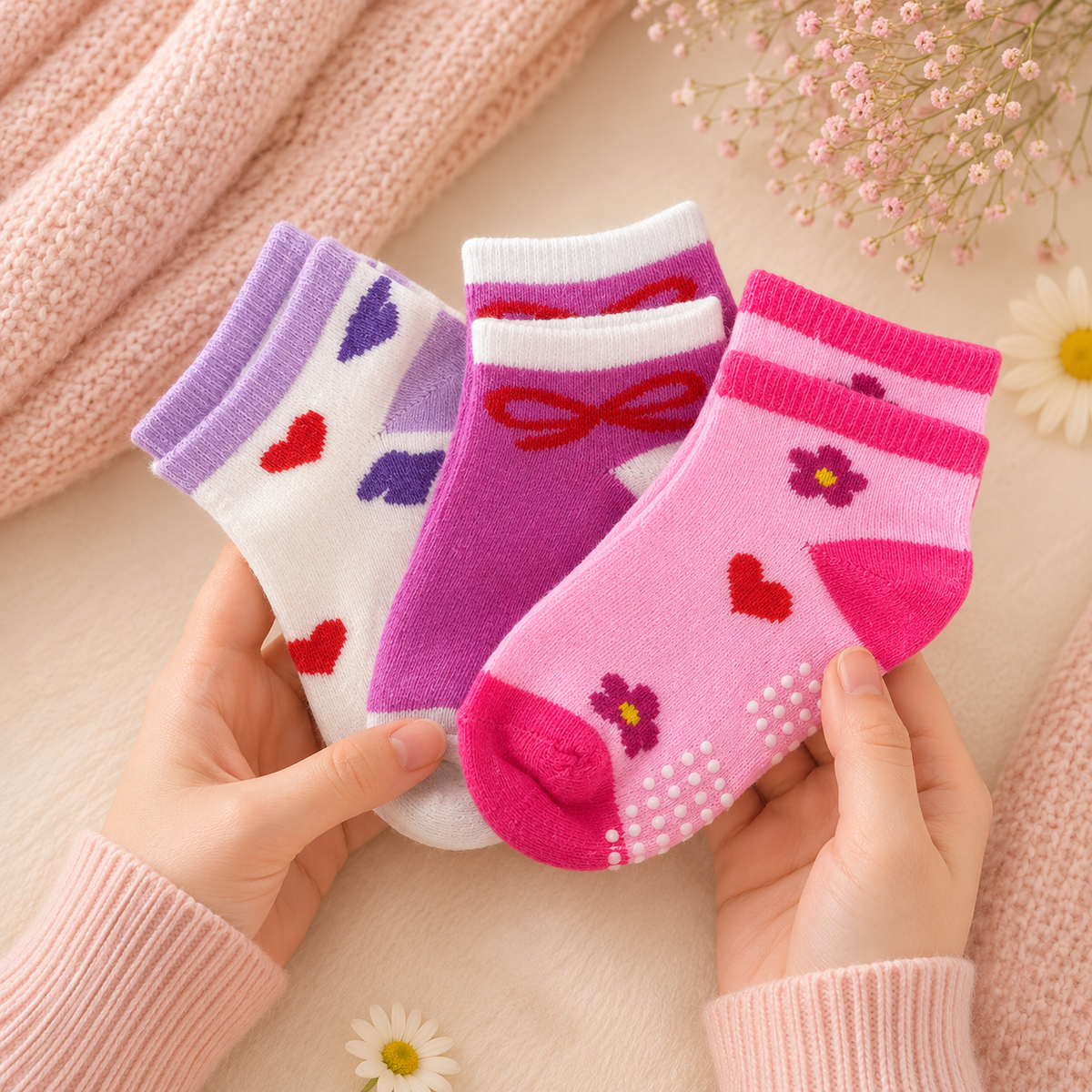 Pack of 3 girls' socks with hearts and bows, with non-slip dots on the sole