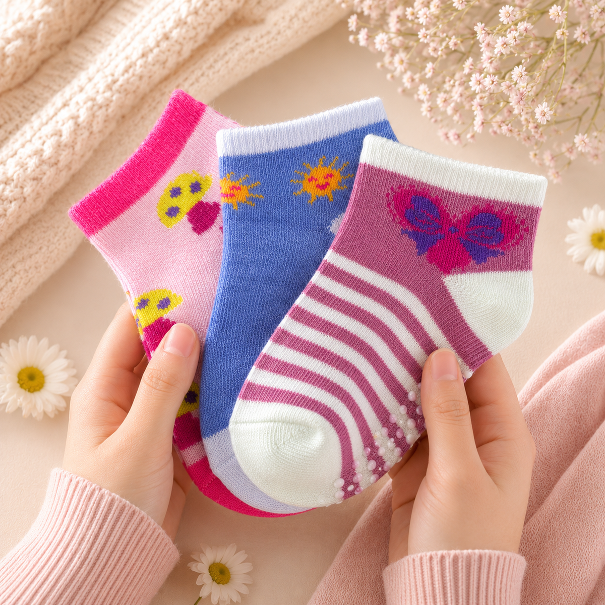 3-pack of girls' socks with flowers, suns and stripes, with non-slip dots on the soles