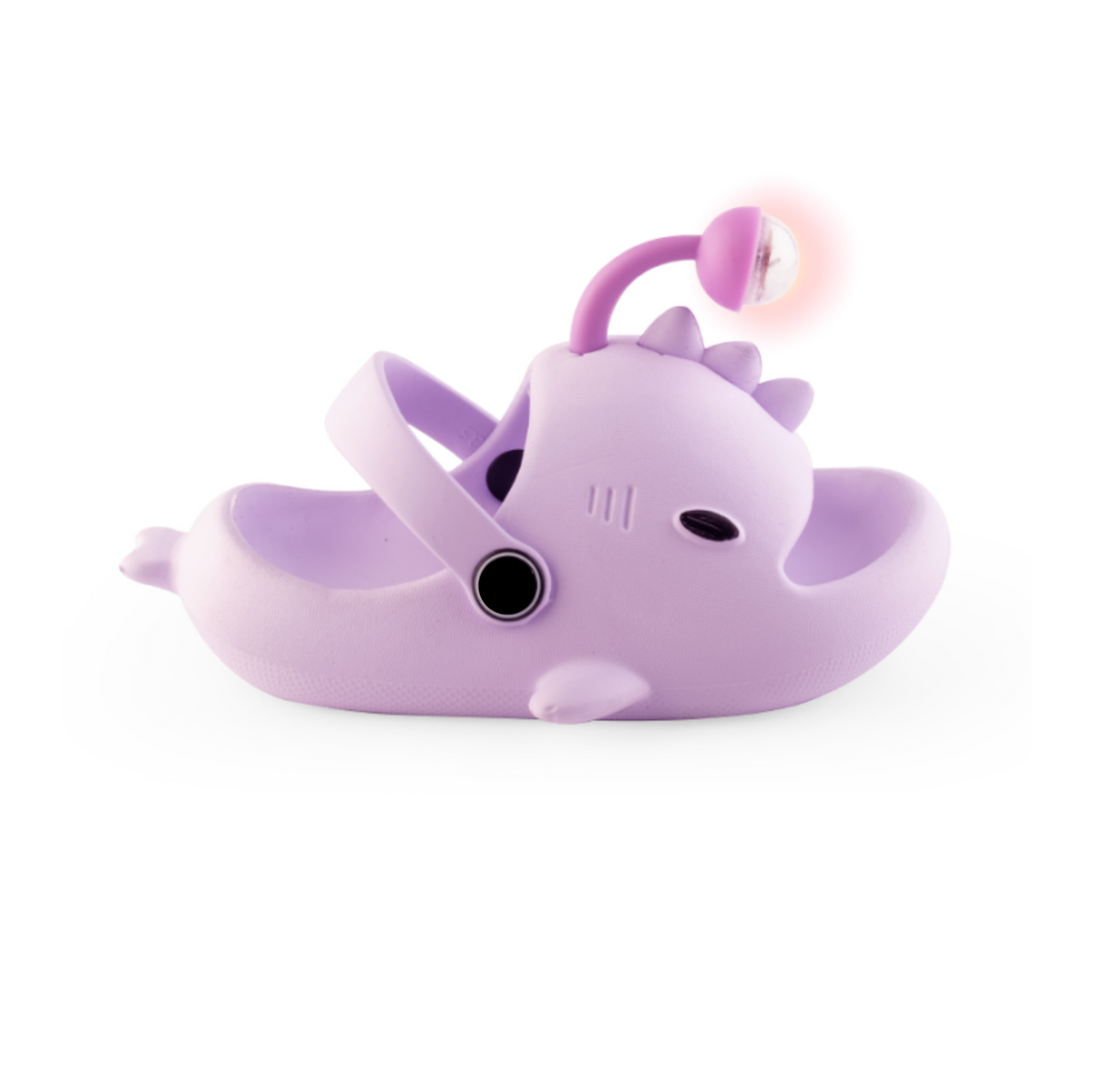 Lilac Lanternfish sandal for girls, fish-shaped with a light on the antenna, side view, non-slip cushioned sole