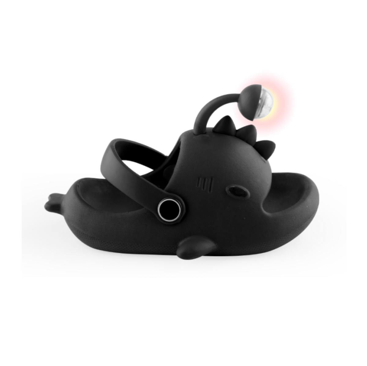 Black Lanternfish sandal for boys and girls, fish-shaped with a light on the antenna, side view