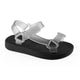 Black Papete sandal for girls with glittery silver straps and hook-and-loop closure, side view, non-slip cushioned sole